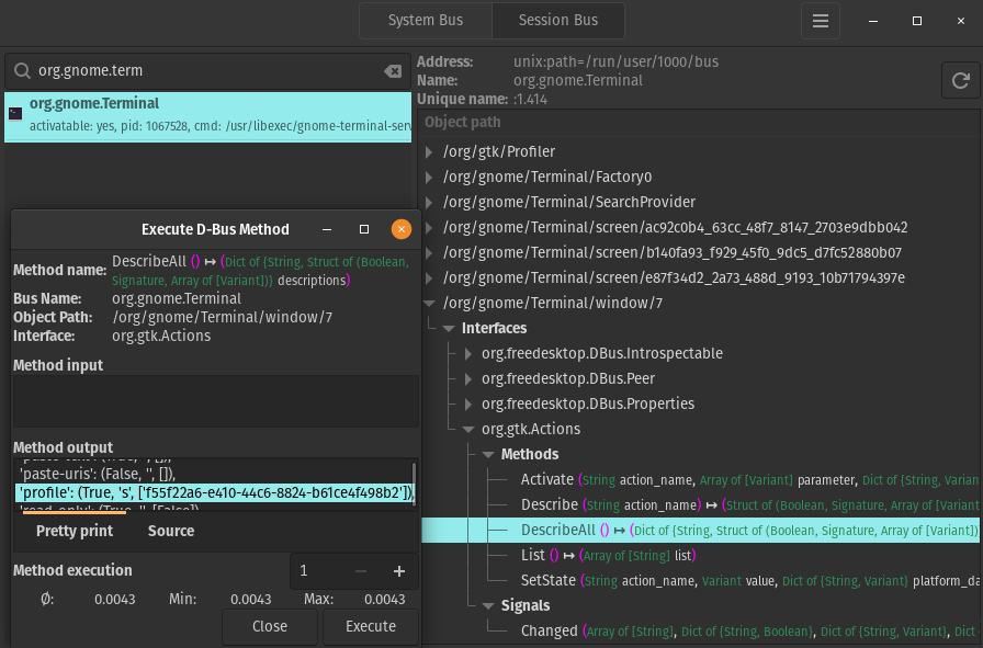 Screenshot of using D-Feet to poke GNOME Terminal